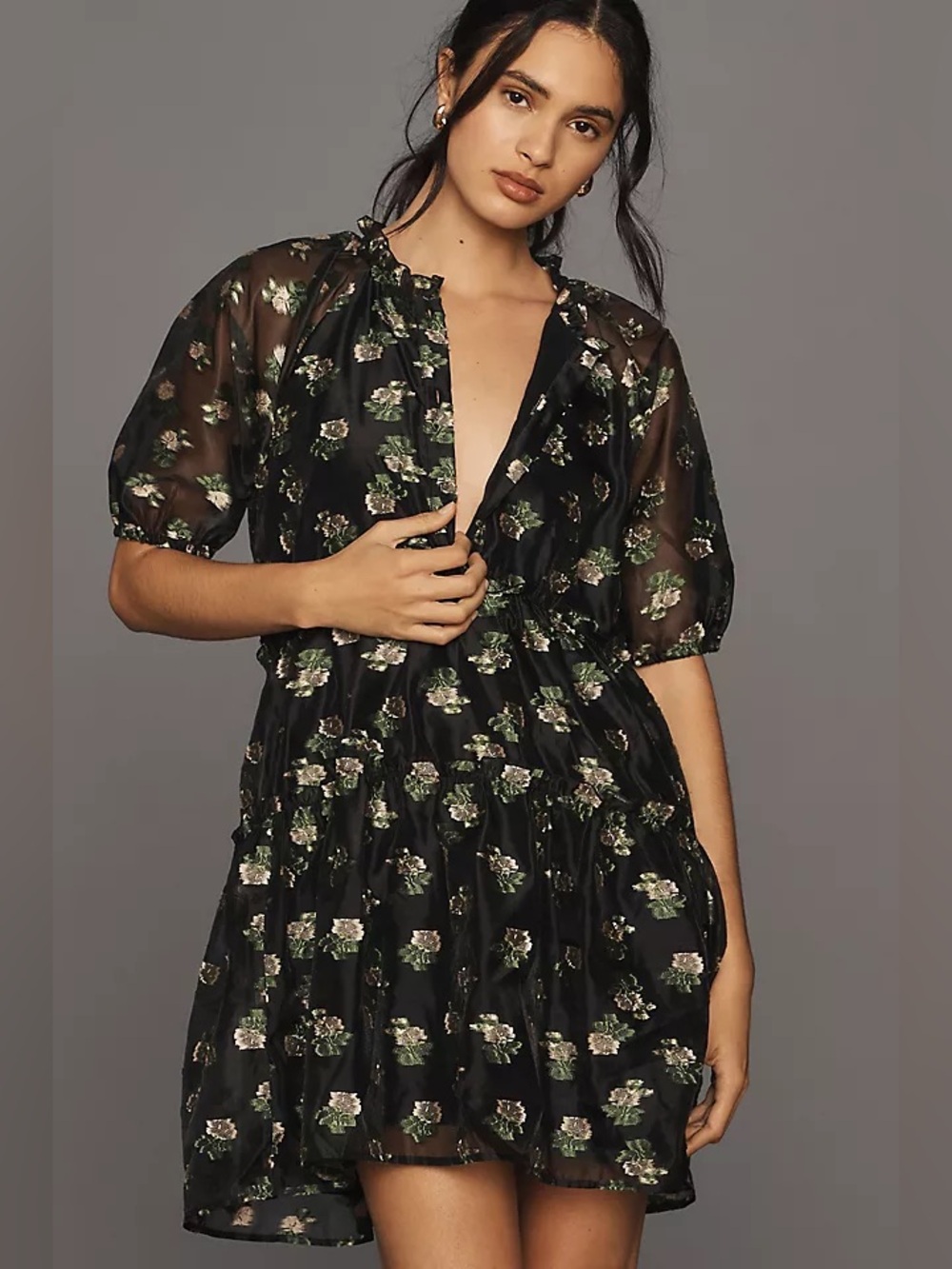 Anthropologie Maeve Black Floral Jacquard Tiered Mini Dress L NWT Cottagecore